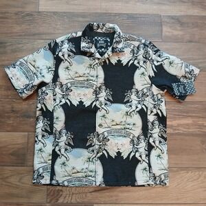 Rebel Vengeance Tapestry Shirt Mens Large Black Cherub Tropical Button Up Jacket
